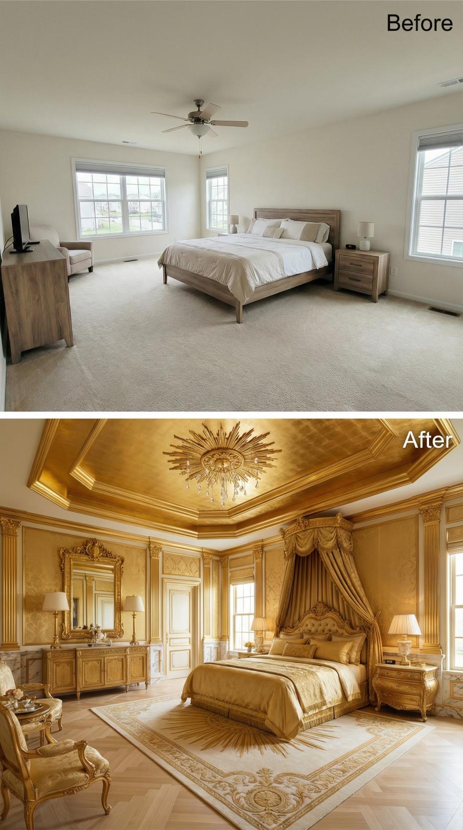 Gold Leaf Tray Ceiling, Sunburst Medallion, and a Canopy Bed Draped in Champagne Silk