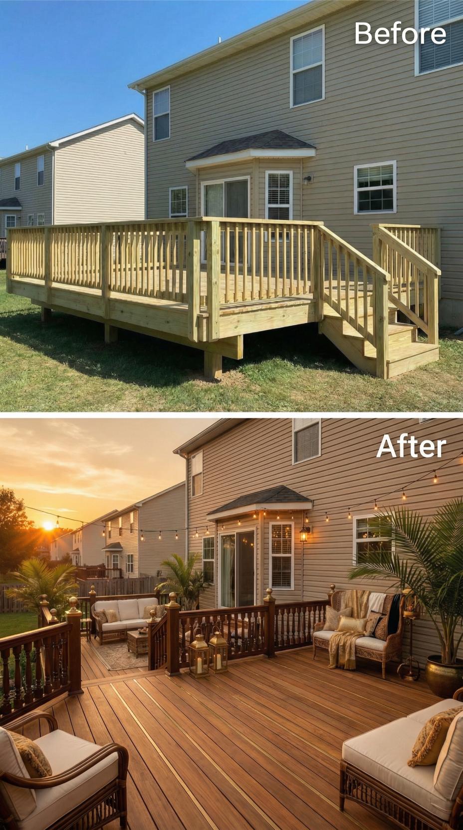 Natural Pine Railing Refreshed with Dark-Stained Furniture and Tropical Potted Palms
