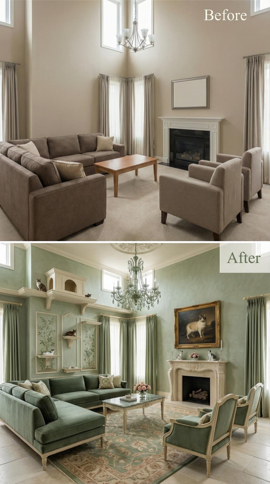 Sage Walls and Ornate Cat Shelving Erase Beige Carpeted Silence