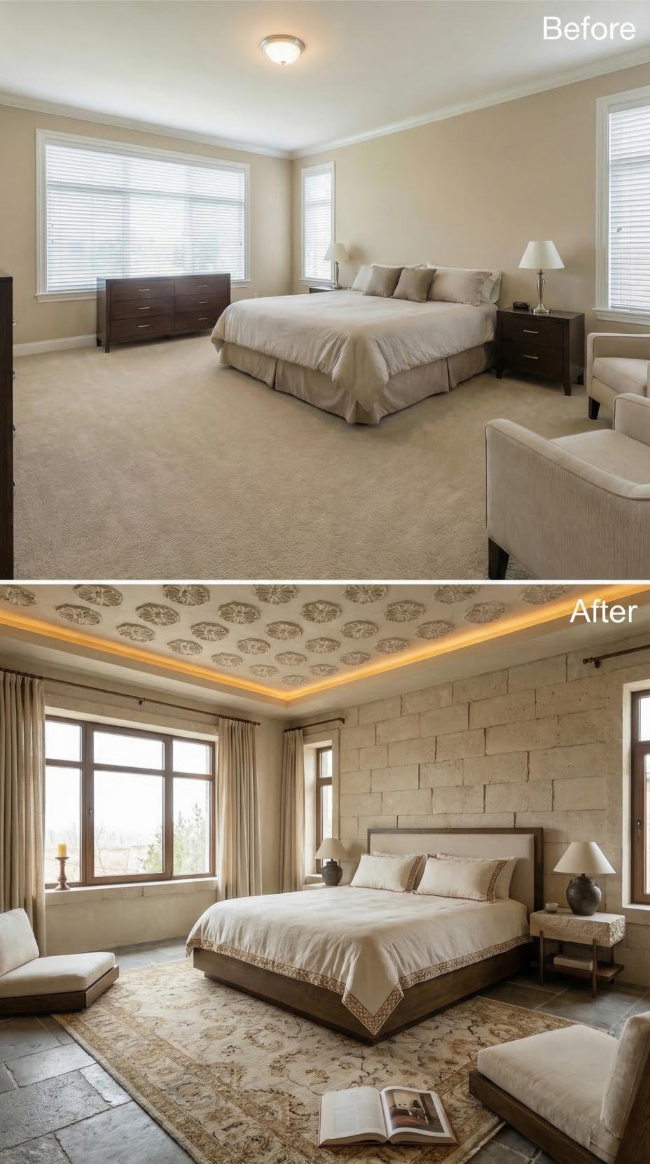 Limestone Block Walls and a Medallion-Stamped Tray Ceiling Replaced Beige Carpet