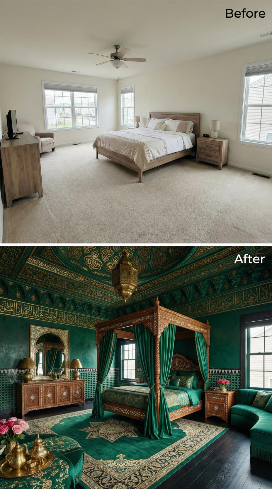 Emerald Velvet Canopy, Hand-Carved Walnut Four-Poster, and Arabic Calligraphy Wrapping Every Wall