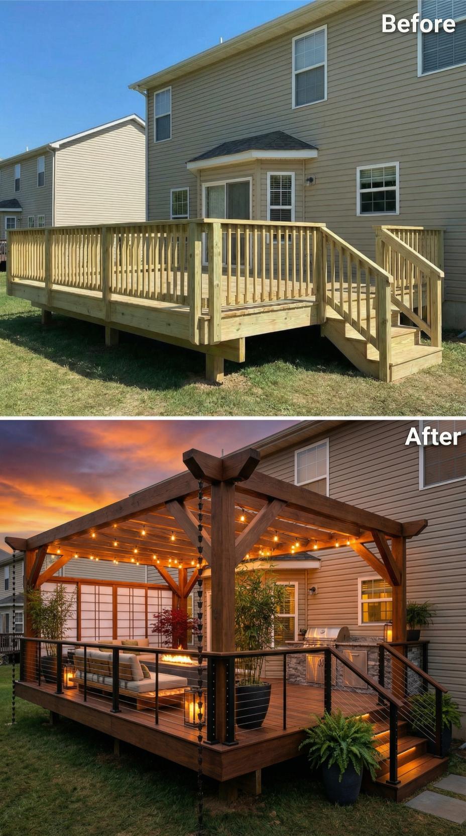 Vertical Pine Railings Swapped for Cable Rail and Stained Timber Pergola