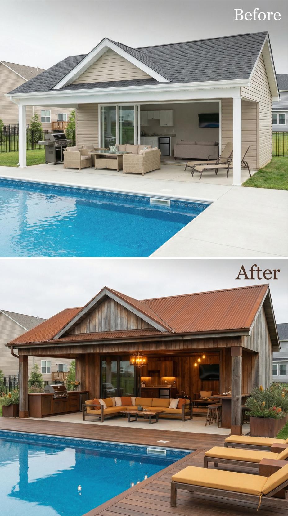 Rustic Cedar Siding and Terra Cotta Metal Replace Tan Shingles