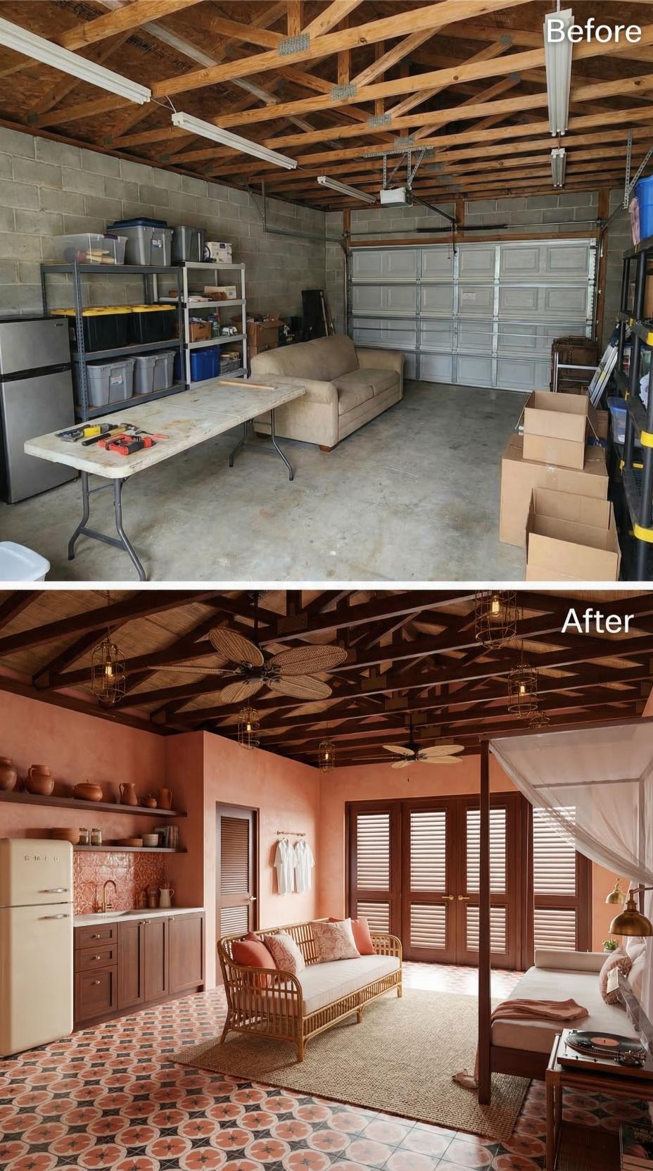 Terracotta Plaster, Woven Ceiling Fans, and Encaustic Tile Pulled a Storage Garage Into a Colonial Caribbean Suite