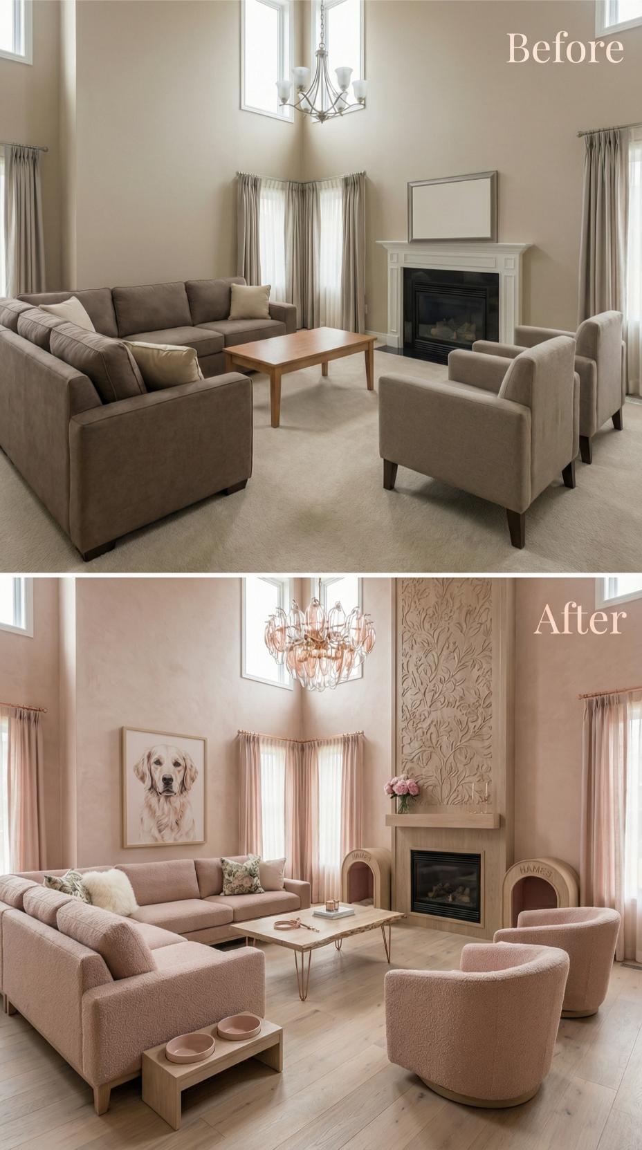 Blush Bouclé Seating and Carved Wall Panel Displace Taupe Uniformity
