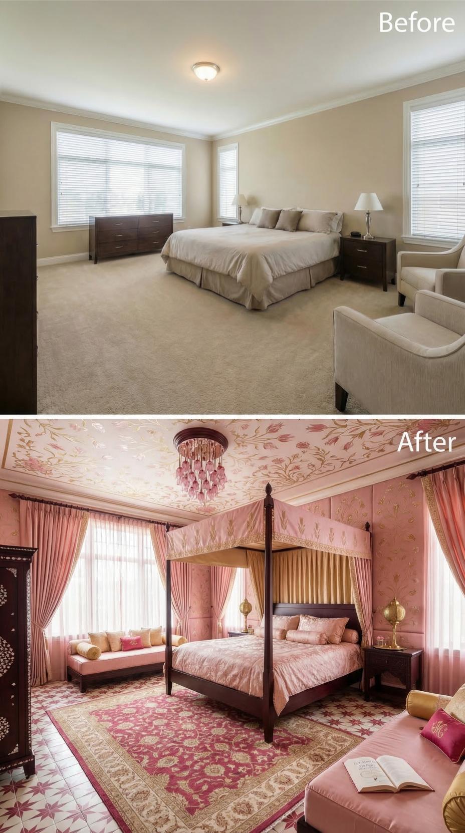 Floral-Painted Ceiling and Dark Mahogany Four-Poster Replaced Beige Carpet and a Flush Mount