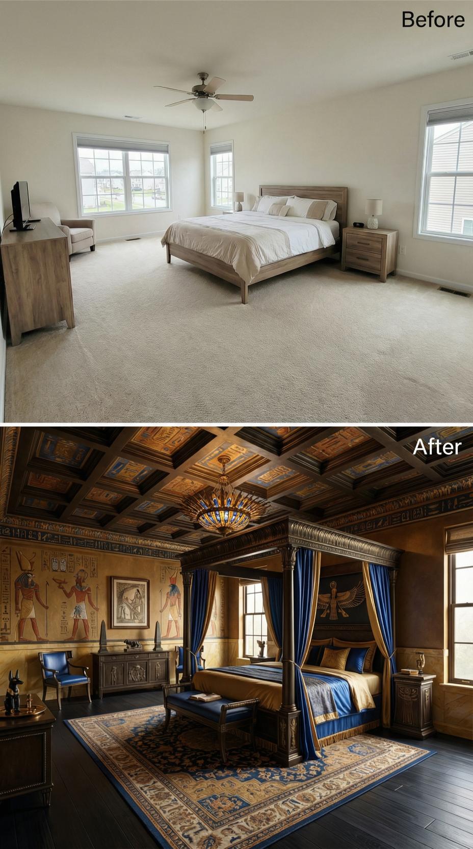 Hieroglyphic Murals, Coffered Ceiling in Gold and Lapis, and a Four-Poster Draped in Royal Blue Silk