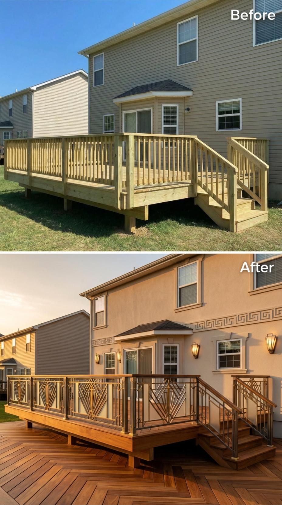 Stucco Finish and Geometric Bronze Railings Replace Raw Wood Deck