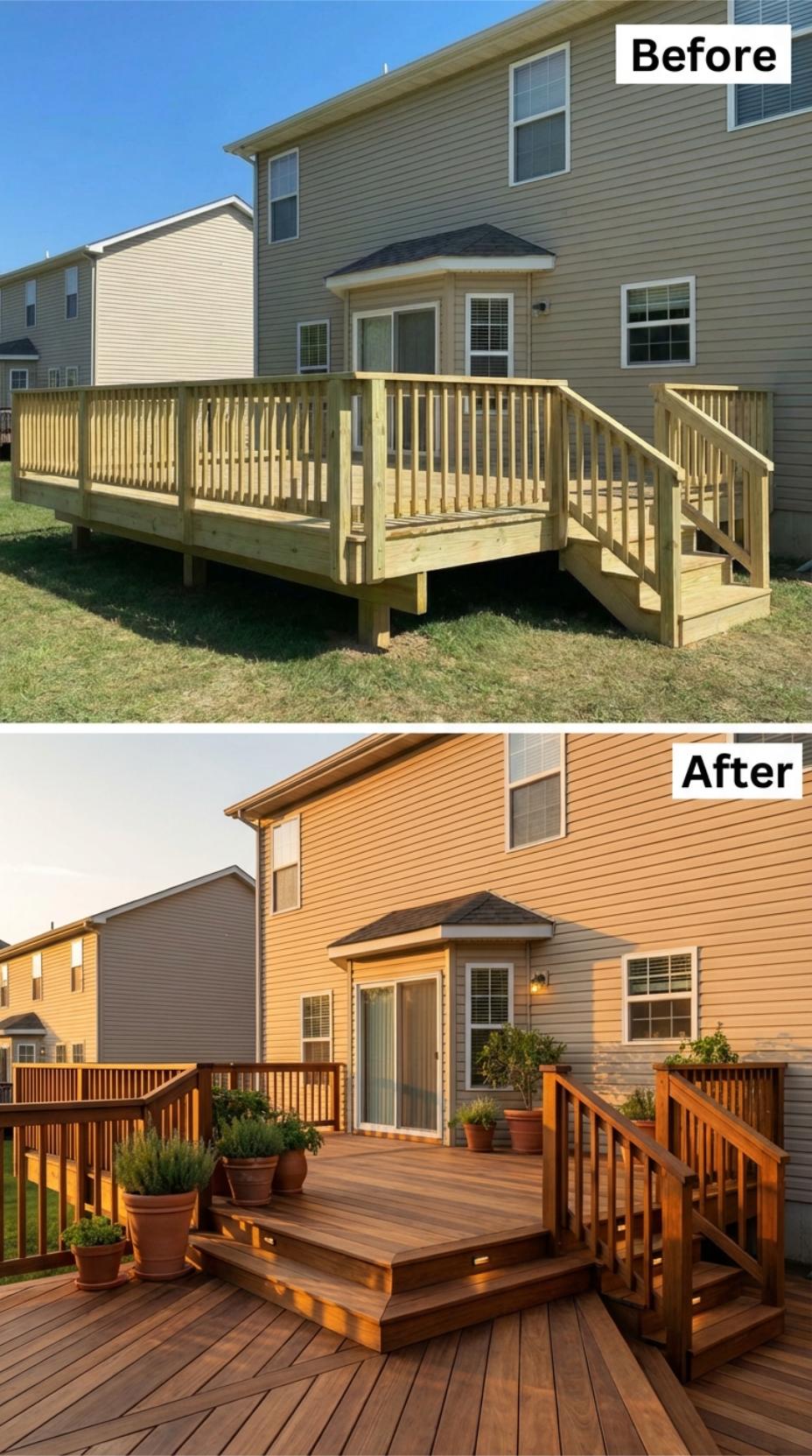 Pressure-Treated Lumber Stained Rich Mahogany with Potted Herb Garden