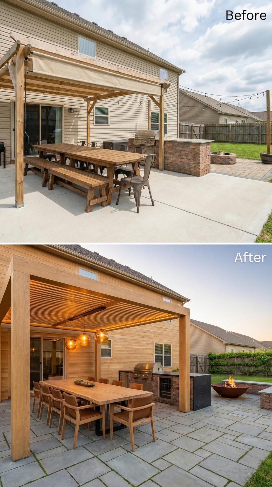 Canvas Shade to Cedar-Lined Pavilion with Grouted Paver Floor