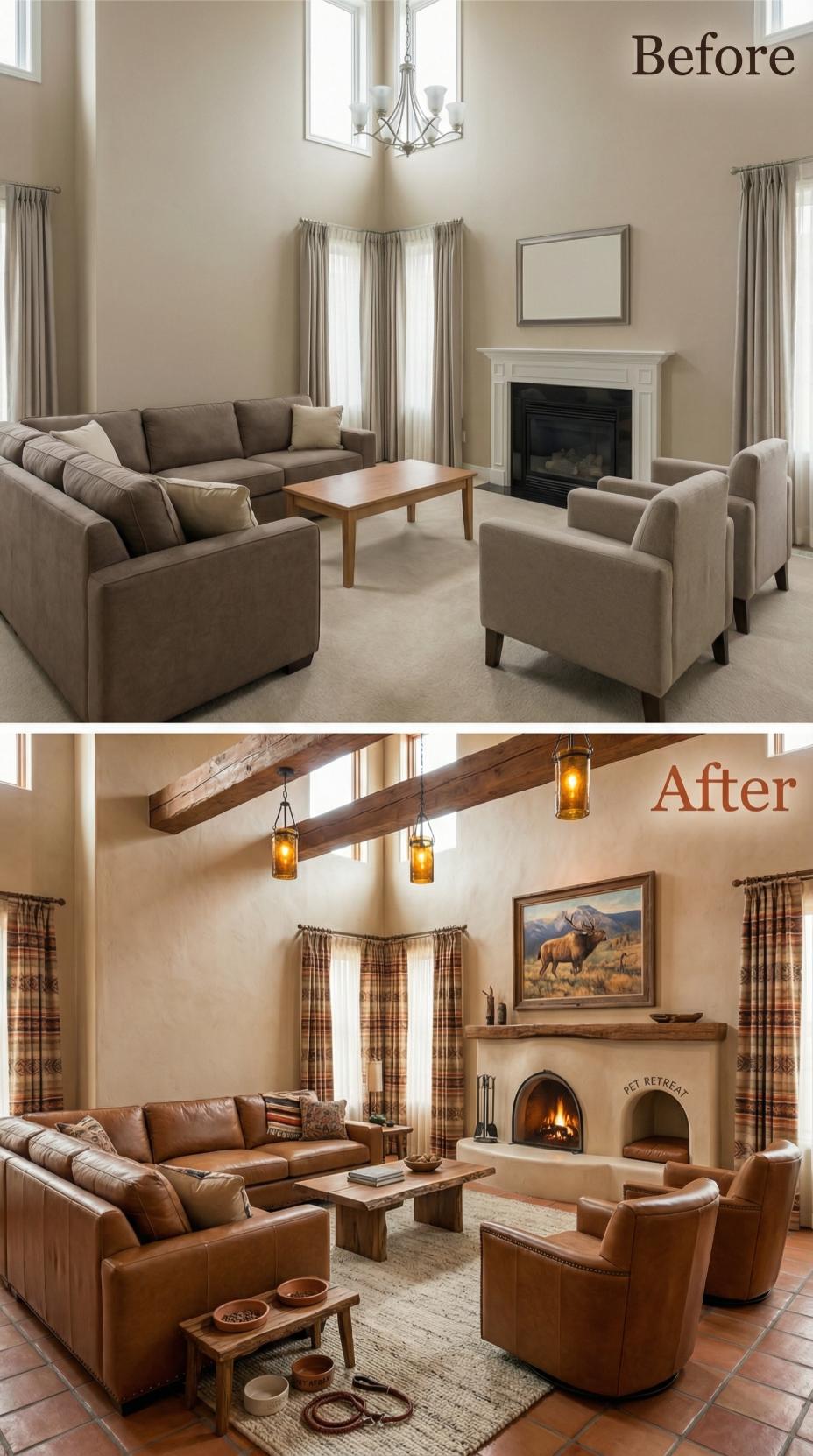 Builder Beige and Flat Walls Give Way to Rustic Beams and Pendant Lanterns