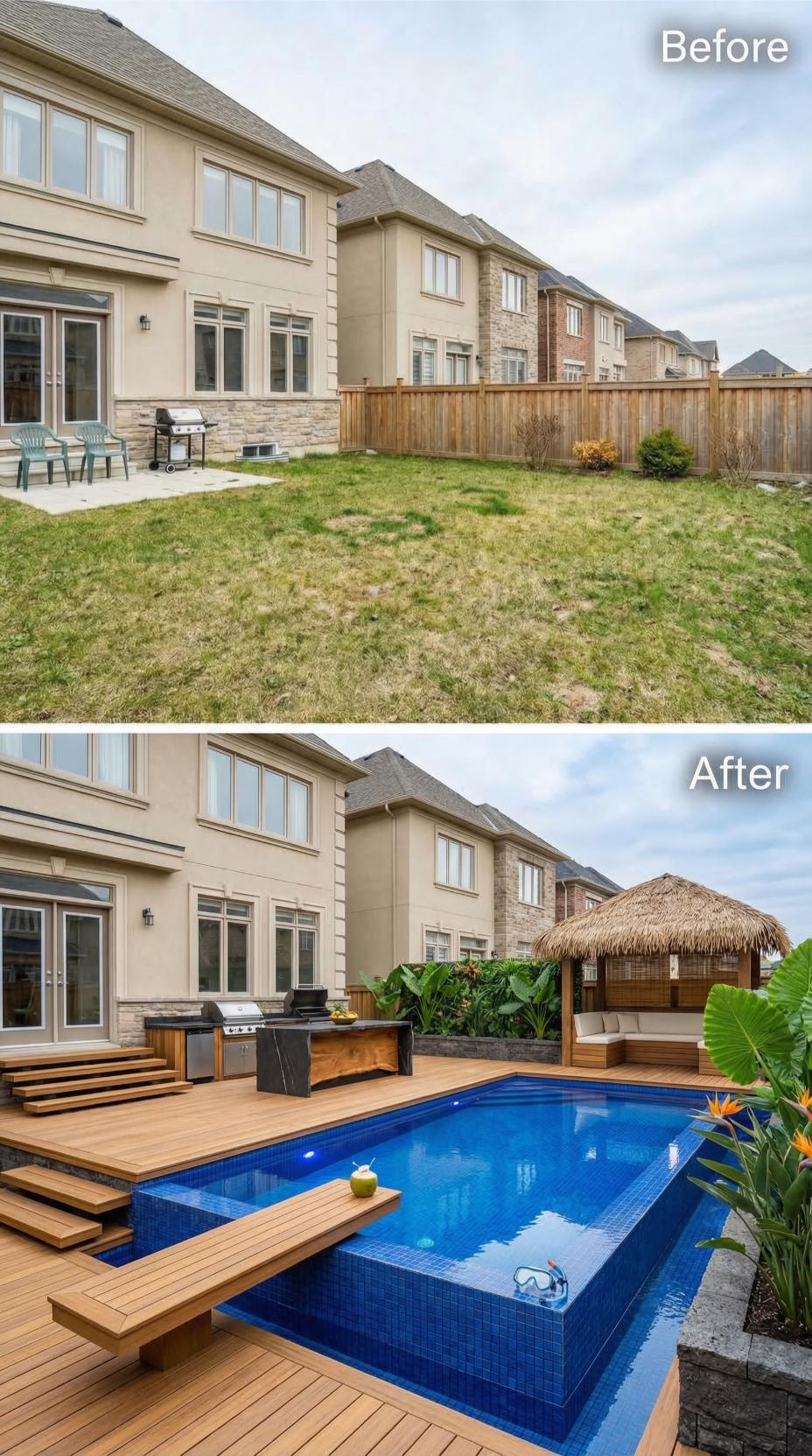 Ipe Deck, Blue Mosaic Pool, and a Palapa Bar Replace a Patchy Suburban Lawn