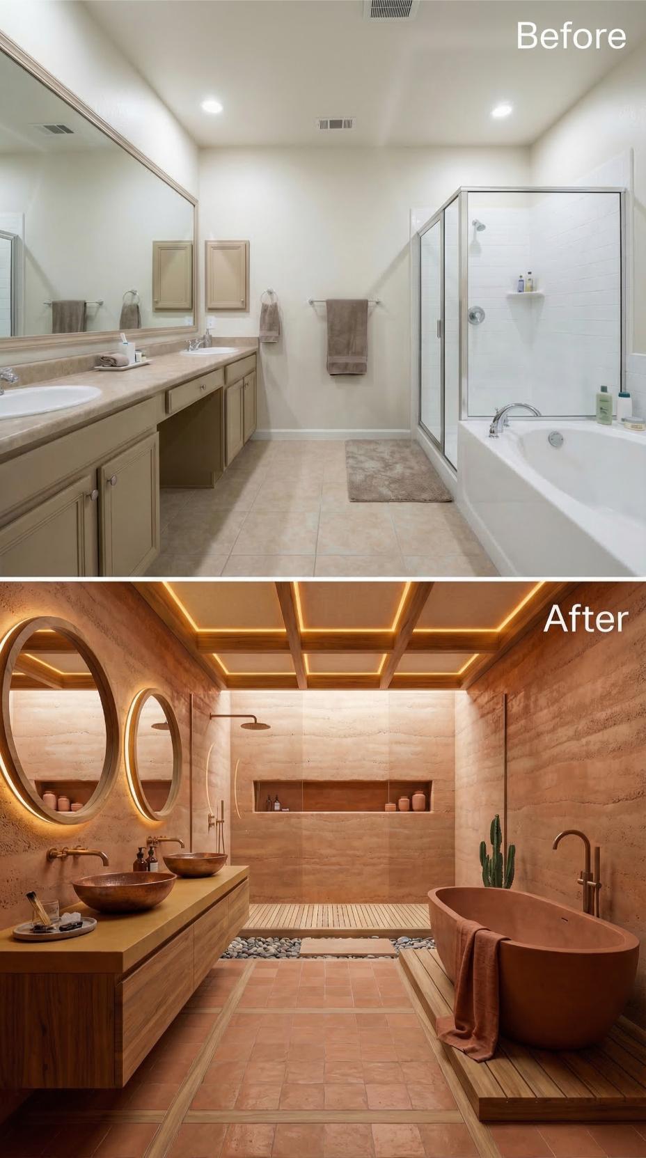 Terracotta Stone, Copper Vessel Sinks, and Cove Lighting Replace Every Builder Beige Surface