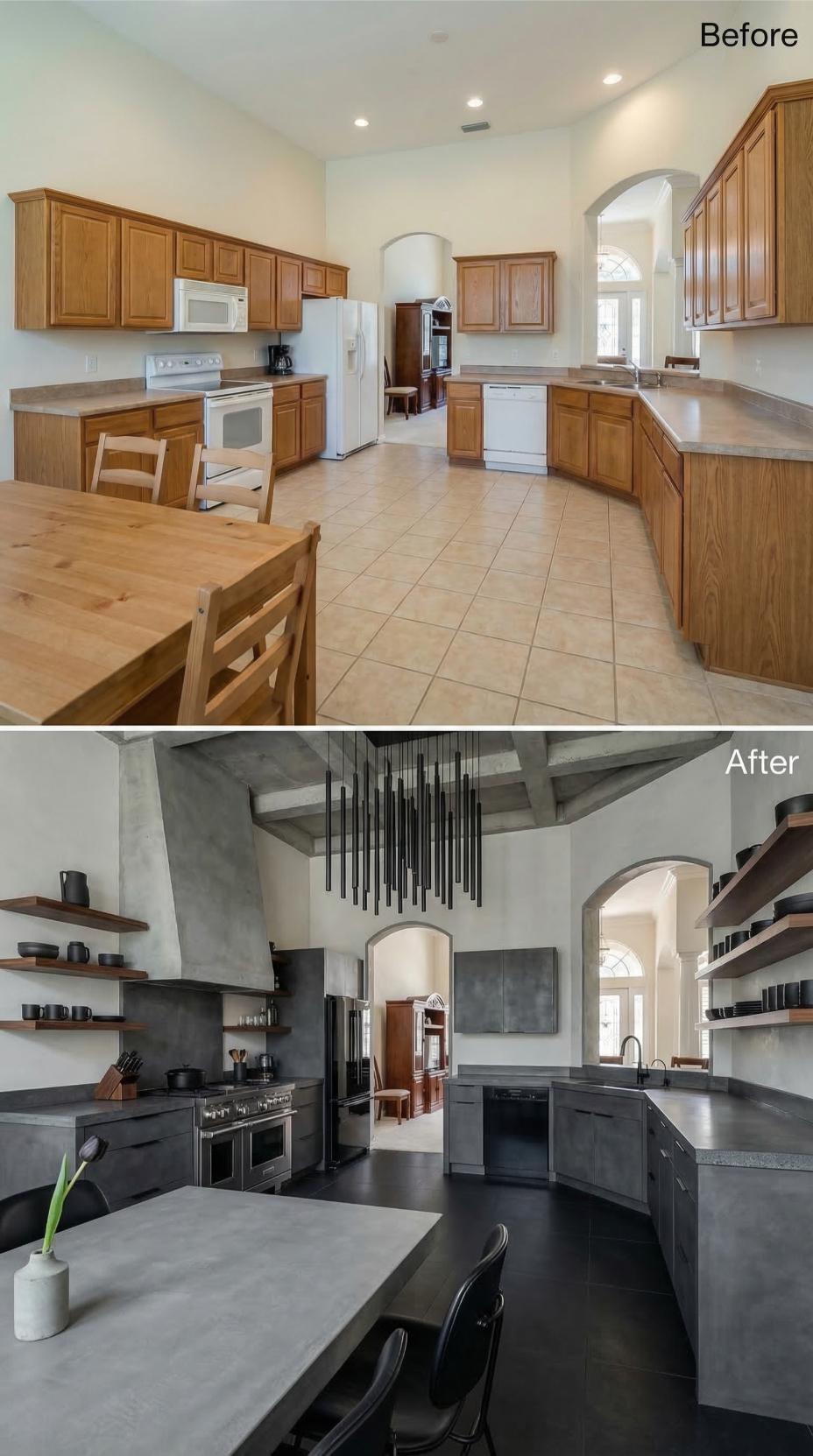 Concrete Counters and Open Walnut Shelving Replace Honey Oak in a Dramatic Overhaul