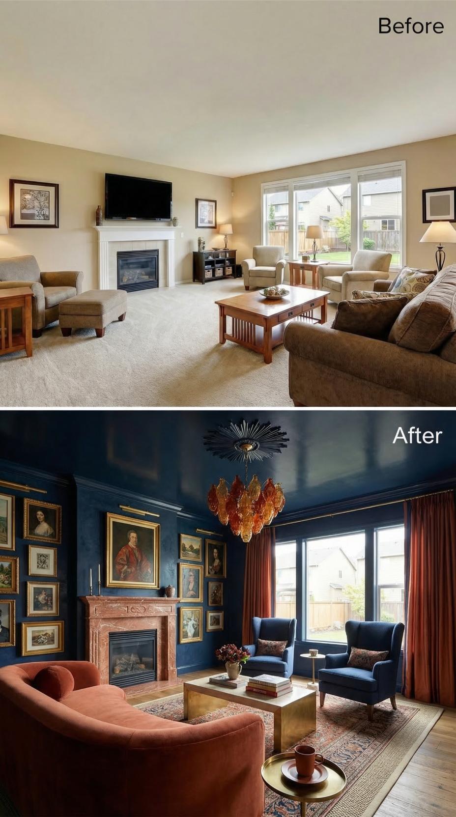 Coral Velvet and a Murano Chandelier Walked Into a Builder-Grade Living Room