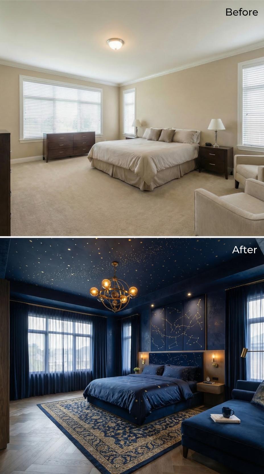 Navy Velvet, Gold Constellations, and a Painted Midnight Ceiling Replaced Beige Carpet
