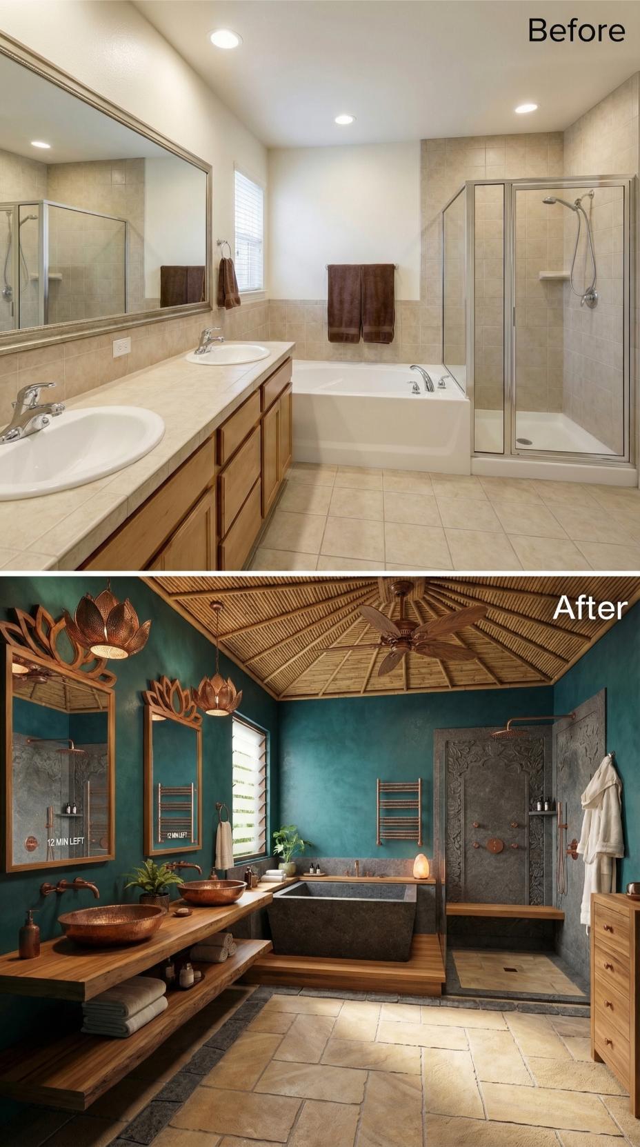 Balinese Thatched Ceiling and Copper Vessel Sinks Buried Builder Beige Overnight