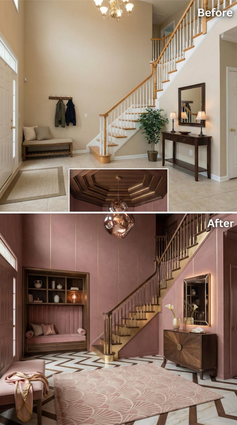 Dusty Rose Walls and Brass Stair Balusters Replace Beige in a Two-Story Foyer