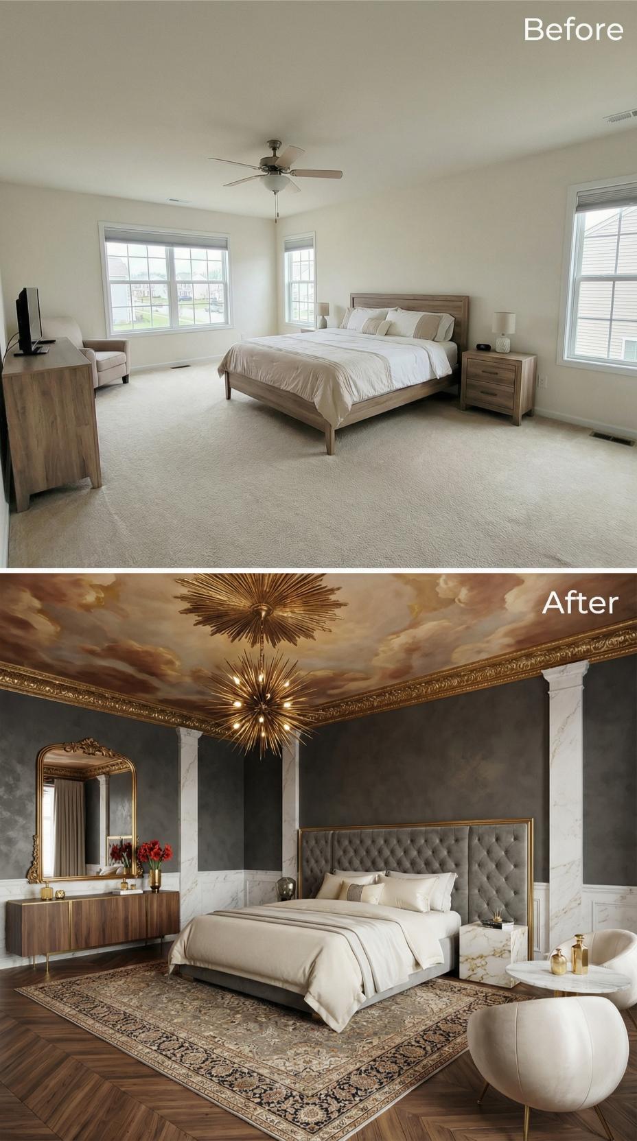 Painted Sky Ceiling, Tufted Velvet Headboard, and a Sputnik That Stole the Show