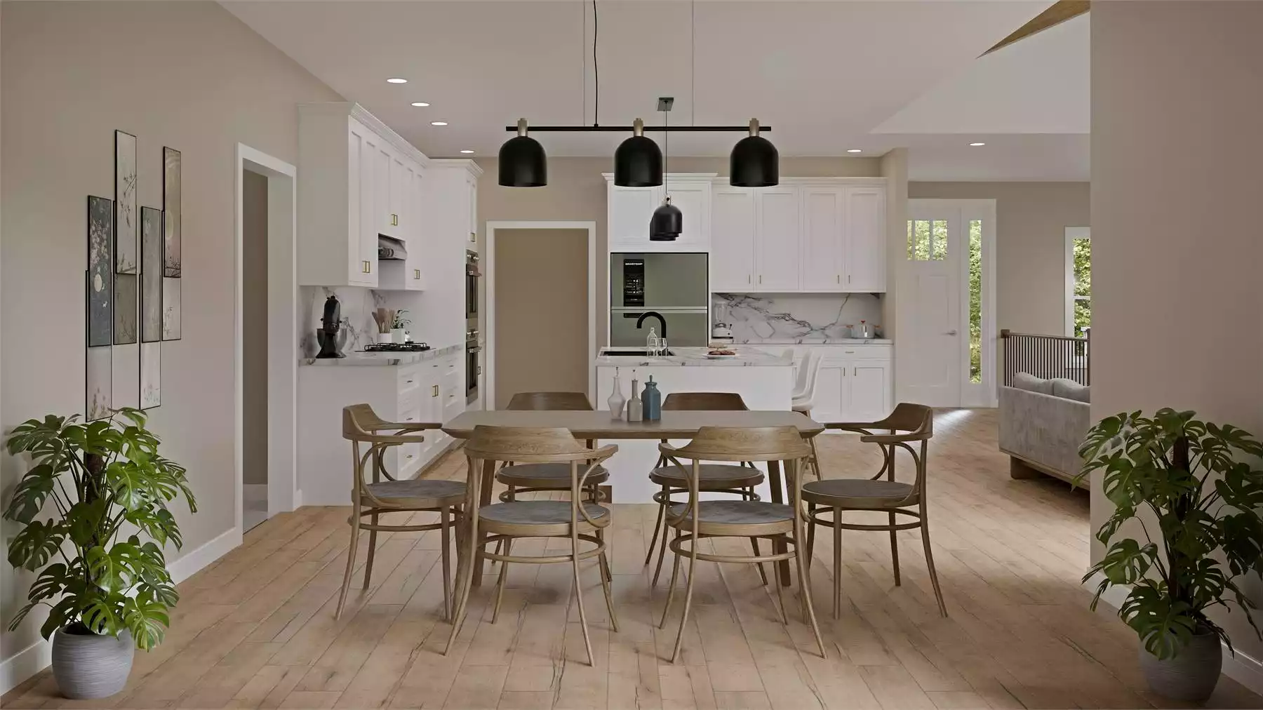 Black Pendant Lights Anchor an Open-Concept Dining Room and Kitchen