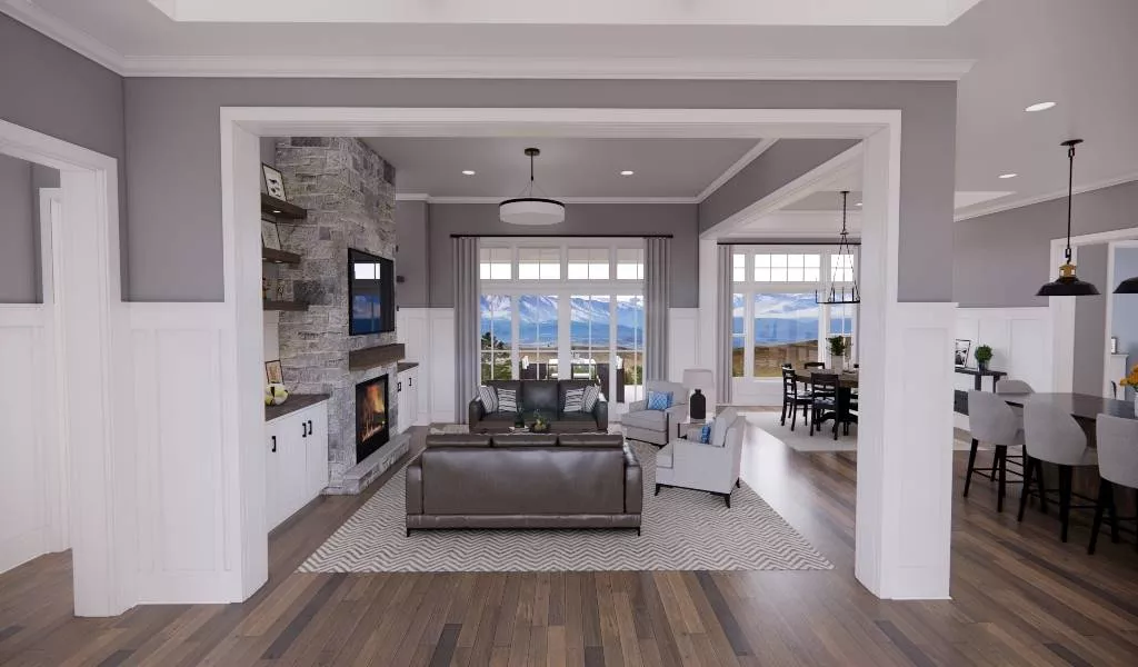 Stone Fireplace Wall Anchors an Open-Concept Living Space