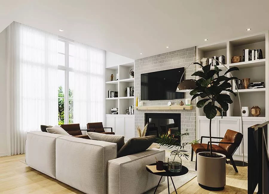 Warm Neutrals and Brick Meet Fiddle-Leaf Fig in This Transitional Living Room