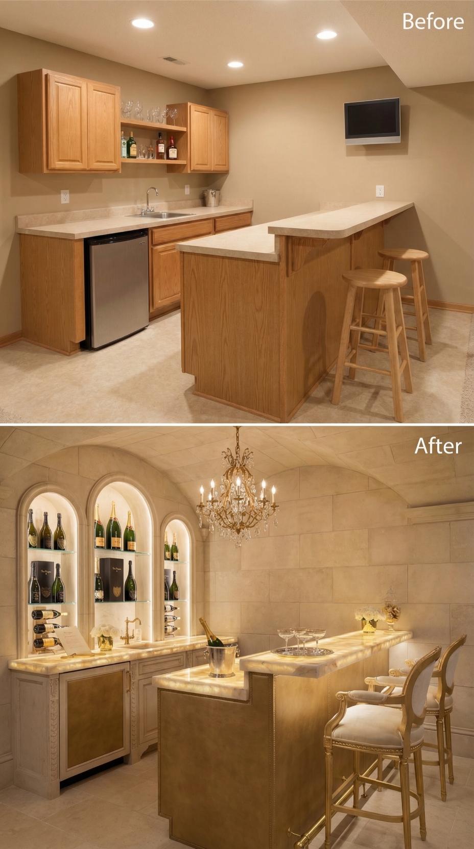 Arched Alcoves and Marble Surfaces Replace Oak Builder Basics