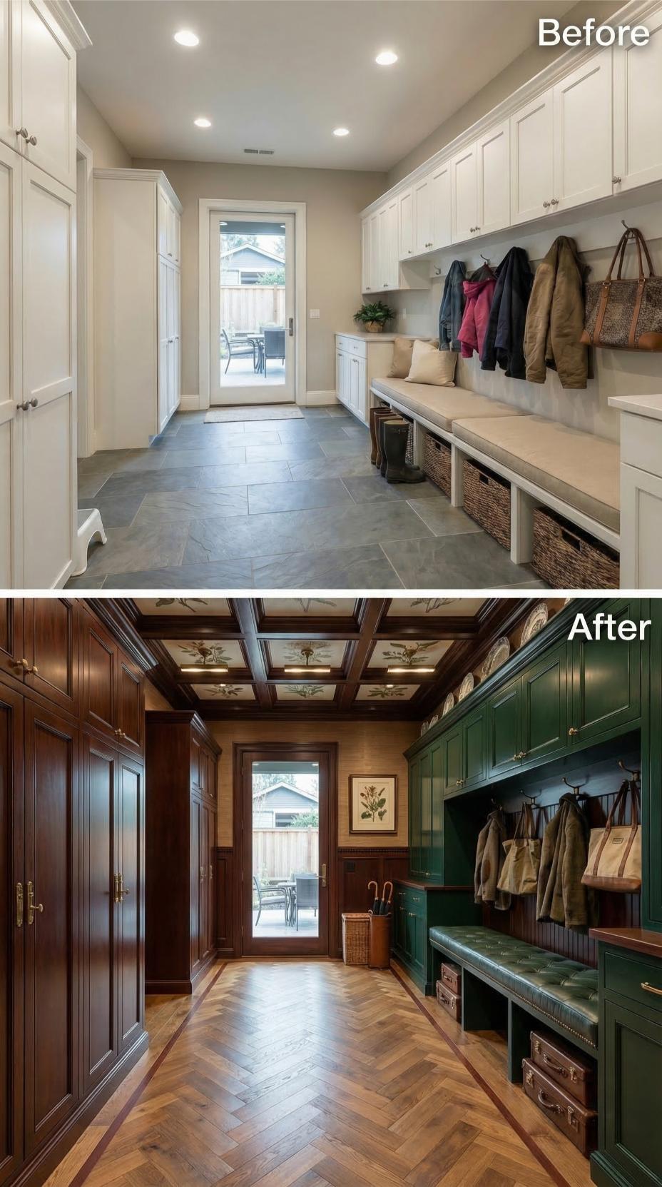 Coffered Botanical Ceiling and Hunter Green Built-Ins Command Attention