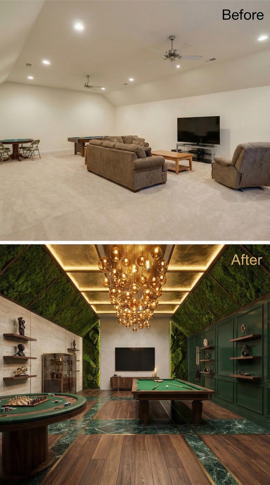 Emerald Millionaire's Game Room with Living Moss Walls and Gold Lighting