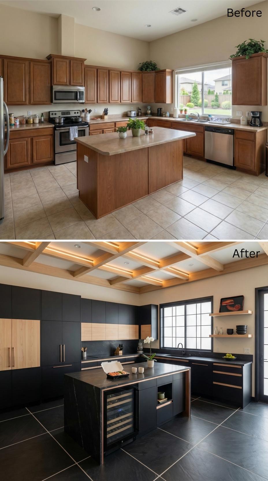 Black Slab Cabinets and Coffered Wood Ceiling With Integrated Lighting