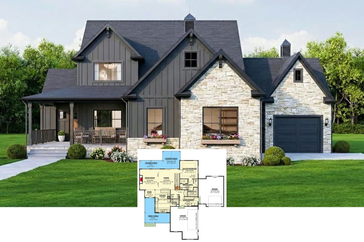 Craftsman 4-Bedroom Farmhouse with Covered Porches and 3-Car Garage (Floor Plan)