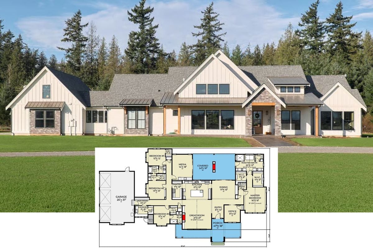 Modern New American Farmhouse with 4 Bedrooms and 3-Car Garage (Floor Plan)