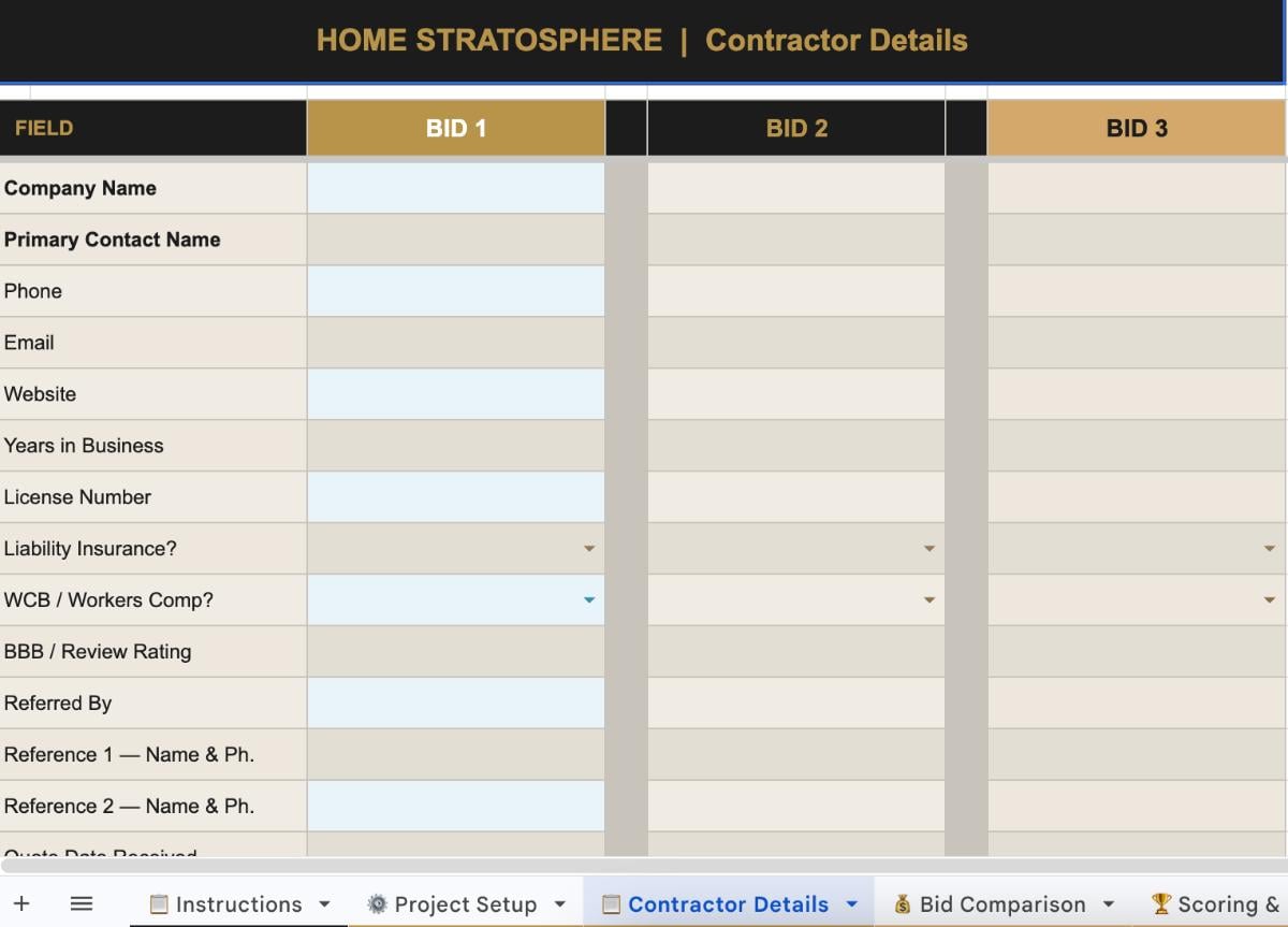 Contractor Bid Comparison