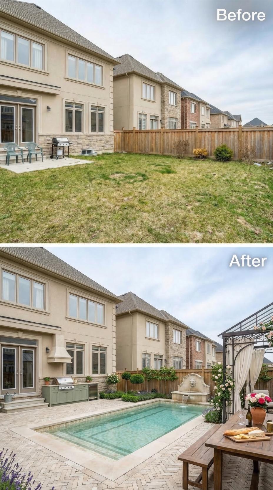 Herringbone Pavers, a Lion-Head Fountain, and an Outdoor Kitchen Replace Patchy Grass