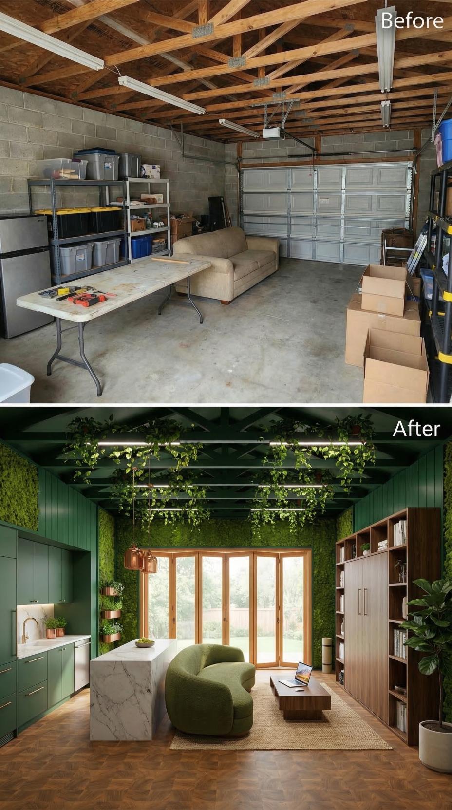 Moss Walls, Marble Island, and Trailing Pothos Converted One Cluttered Garage Into a Green Retreat