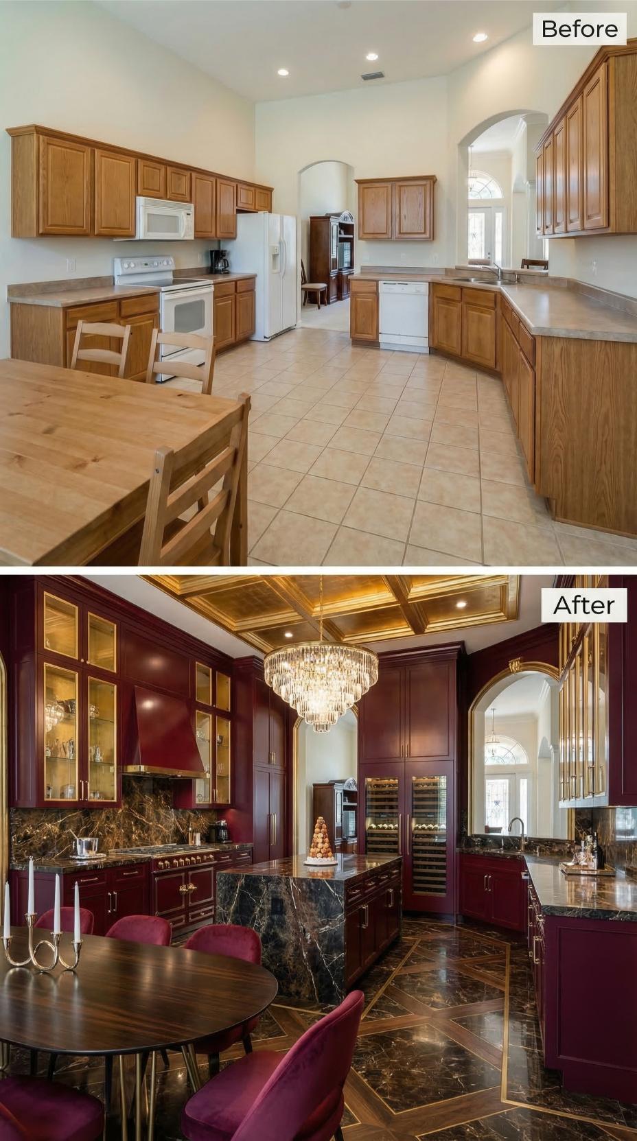 Burgundy Lacquer Cabinets and Black Marble Floor a Builder-Grade Kitchen Behind