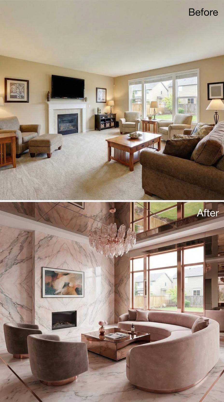 Rose Marble Walls and a Curved Velvet Sofa Erased Every Trace of Builder Beige