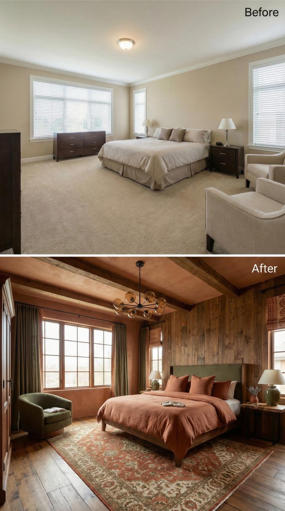 Reclaimed Wood Planks and Terracotta Linen Replaced Carpet and Crown Molding
