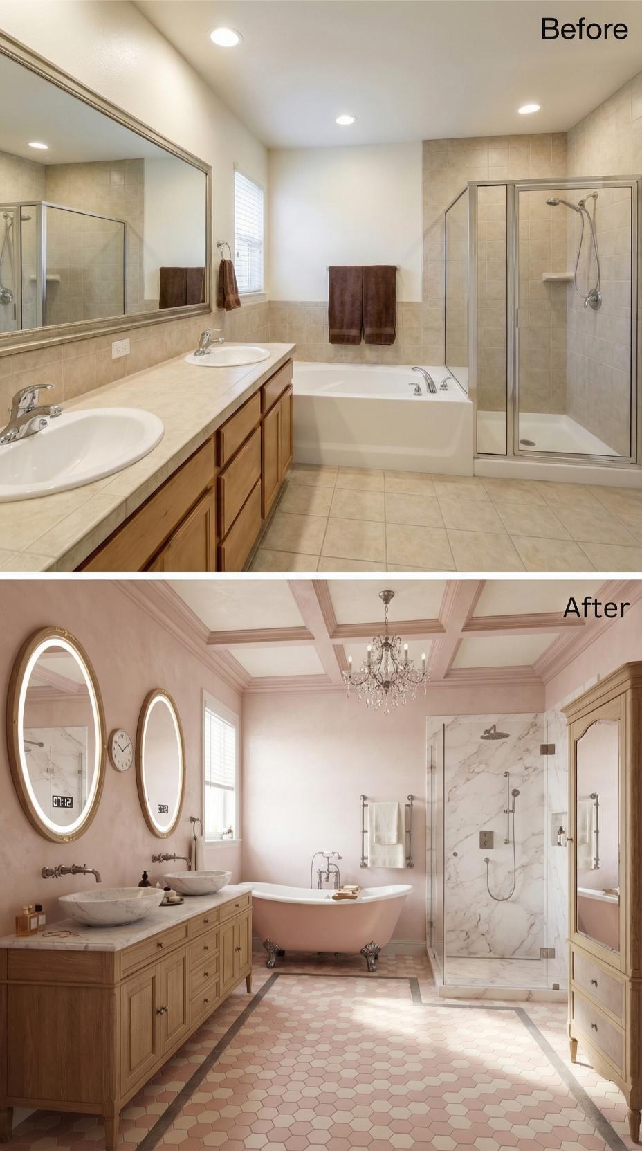 Pink Clawfoot Tub and Coffered Ceiling Erased Every Trace of Builder Beige
