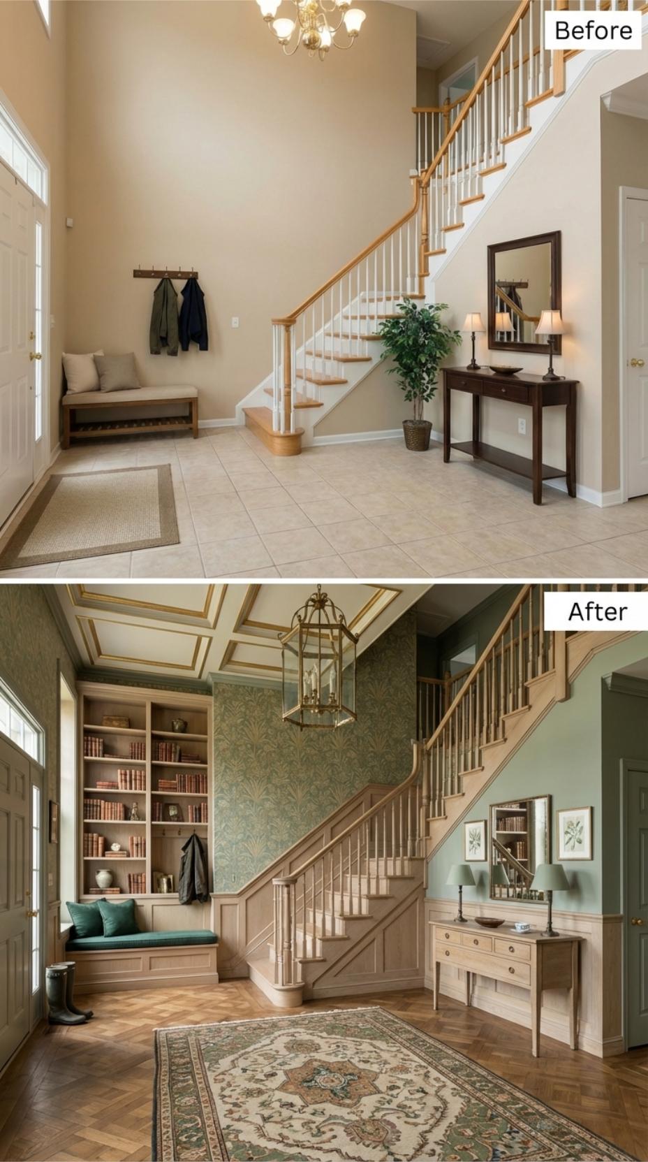 Botanical Wallpaper and Built-In Shelves Replace Bare Beige in a Two-Story Foyer