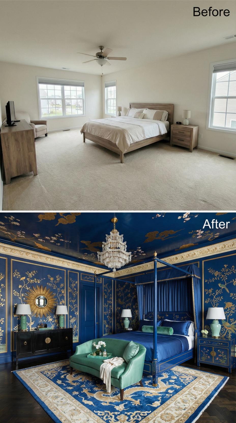 Cobalt Lacquer Walls, Chinoiserie Panels, and a Four-Poster That Demands Ceremony
