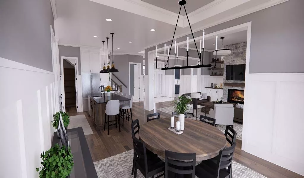 Candlelit Chandelier Draws the Eye Through an Open Dining and Kitchen Layout