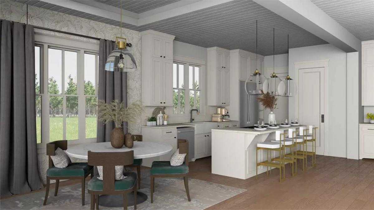 Warm Gold Accents and Gray Shiplap Ceiling Define an Open Kitchen-Dining Space