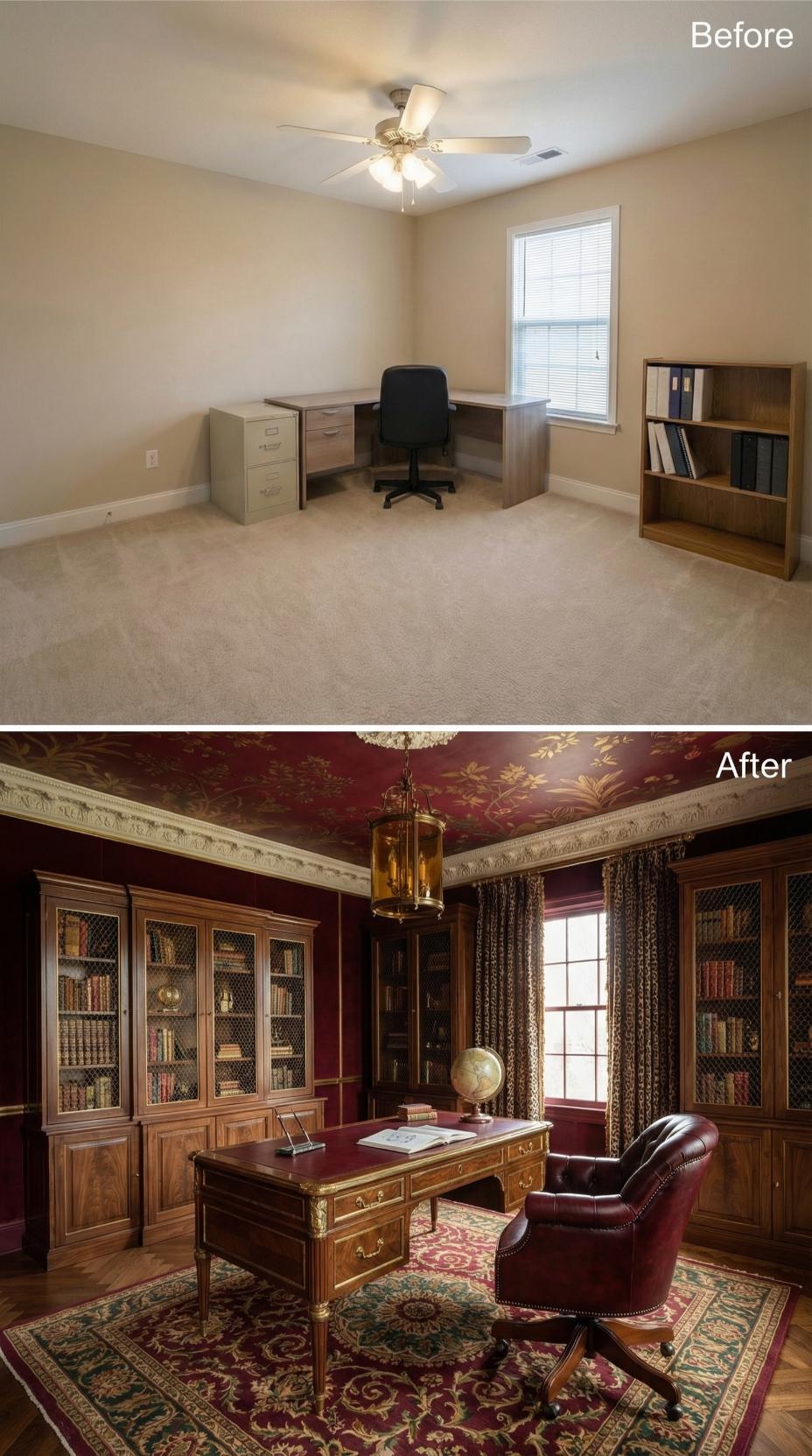 Plush Persian Rug Grounds Antique Mahogany Desk on Beige Carpet