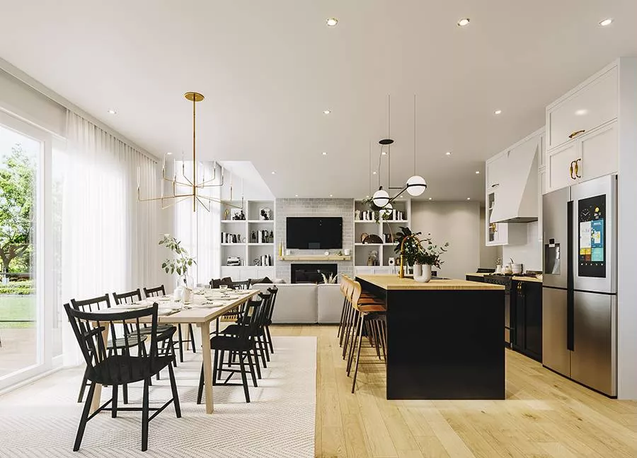 Black Kitchen Island and Gold Pendants Anchor This Transitional Open-Plan Space
