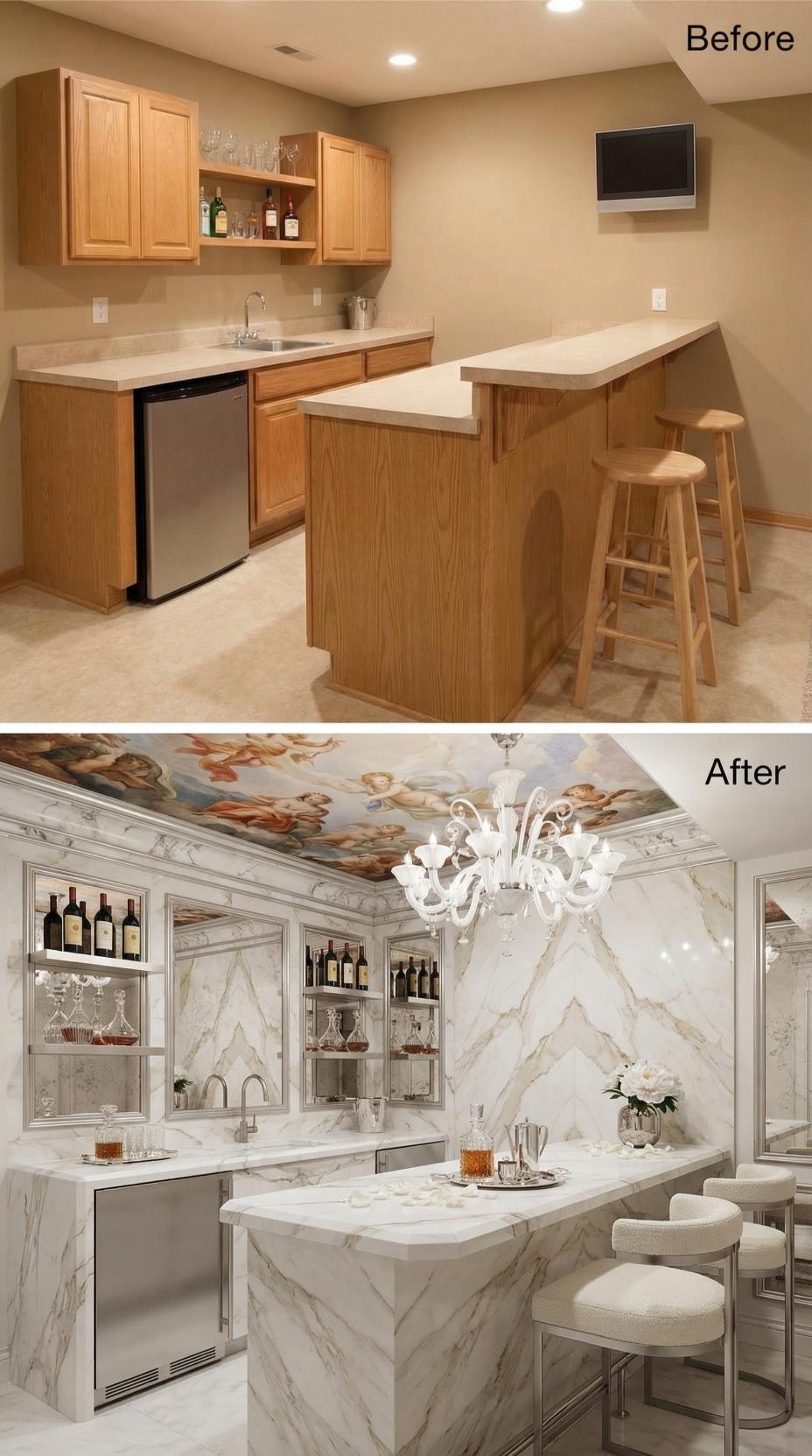 Renaissance Fresco Ceiling Crowns Marble-Wrapped Bar Transformation