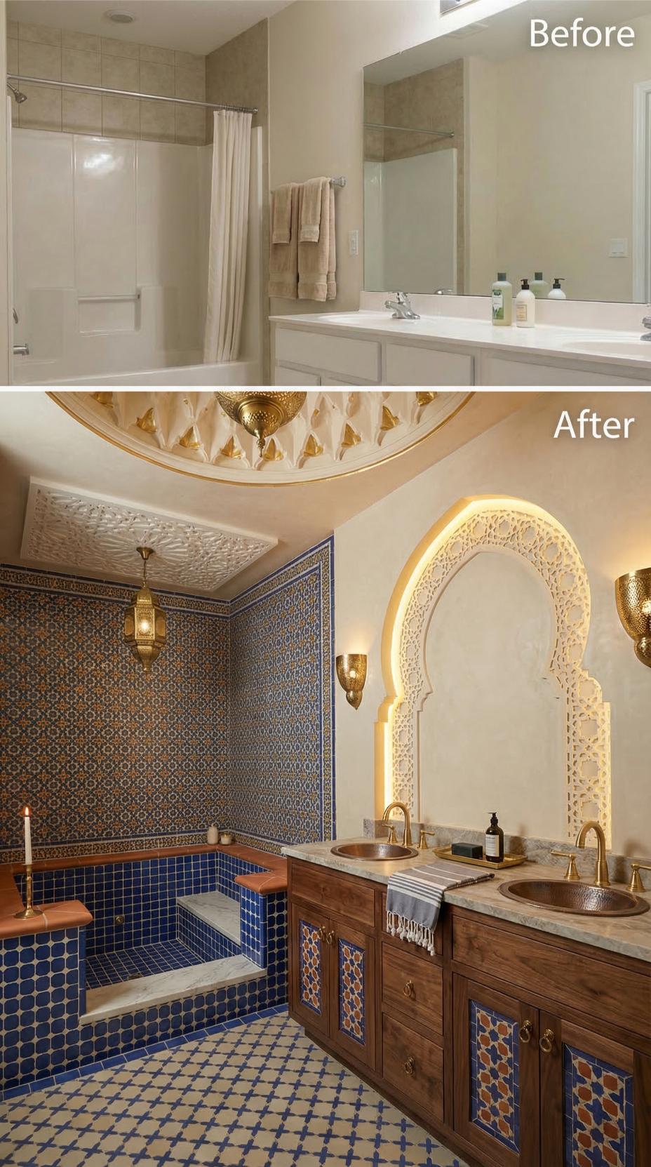 Moroccan Mosaic Tile and Hammered Copper Sinks Replace Beige Builder Bath