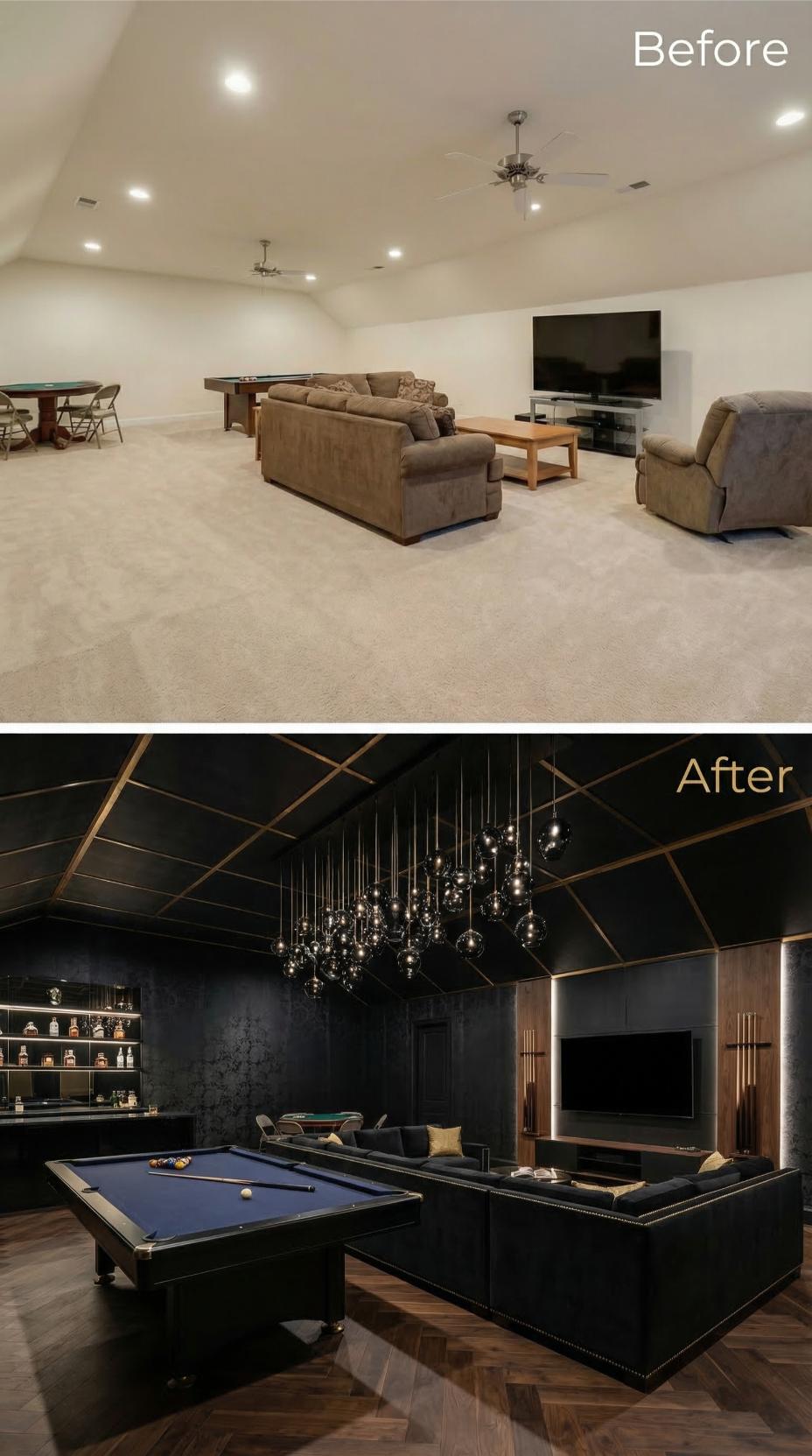 Geometric Gold Trim Against Matte Black Walls and Statement Chandelier