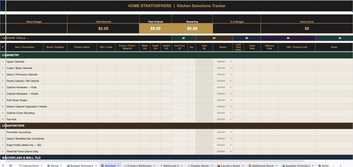 Kitchen & Bathroom Selections Tracker
