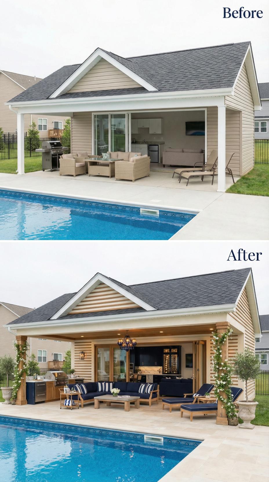 Horizontal Beige Siding Shifts to Cedar-Tone Vertical Groove Panels